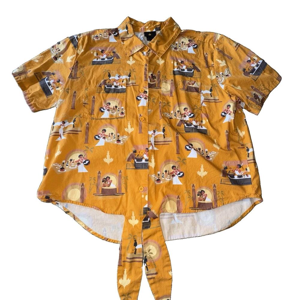 Disney Princess Tiana Women S Casual Button Down Crop Tie Short Sleeve Shirt